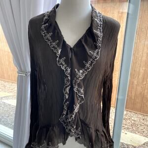 Elegant Brown Sheer Women's Top with Embroidered Ruffle Trim Size L